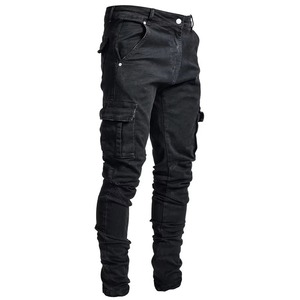 Street <b>Elastic</b> Straight-leg <b>Jeans</b> Men Denim Cargo Pants Light Wash Solid Color Multi Pockets Casual Mid <b>Waist</b> Cotton Embroidery - Product Image 1