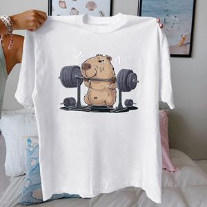 เสื้อยืดผู้หญิงผ้าคอตตอนแท้ลายการ์ตูน capybara แบบยกบาร์เบลสวมใส่สบาย - Product Image 3