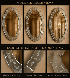 Espejo de Pared Redondo Ovalado Veneciano con Grabado Floral, Marco Biselado, Plata Antigua, Decorativo de Lujo, Hecho a Mano, para Decoración del Hogar - Product Image 6