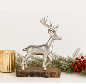 Wholesale Metallic Silver Deer Statue With Solid Wood Stand Contemporary Holiday Reindeer Ornament For Mantel Office Living Room - Product Image 4