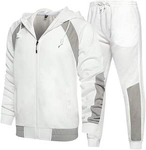 Unisex Winter Solid <b>White</b> Grey Hooded Zip-Up Lightweight Breathable Cotton Blend Streetwear Two-Piece Sweatwear <b>Jogger</b> Set - Product Image 1