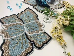 Handmade Flower Shape Fabric Placemat Light <b>Blue</b> <b>Beaded</b> Design Glam Table Mat Decorative Set - Product Image 2