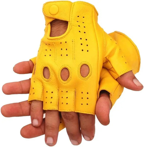 Yellow Half Finger Sheep Leather Cycling <b>Gloves</b> Breathable Button Closure Unisex Summer Riding <b>Gloves</b> - Product Image 1