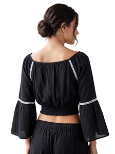 Blusa de Rayón para Mujer con Cuello Redondo, Manga Campana, Lazo Delantero, Corte Regular, Estilo Corto, Casual Vintage para Primavera, Verano y Otoño - Product Image 4