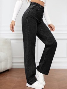 Jeans de mezclilla rectos para mujer, personalizados al por mayor, de cintura media, transpirables, con parches de puntos y lavado claro/oscuro - Product Image 5