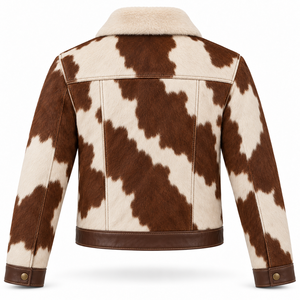 Custom Mens Pearl <b>Cream</b> Cocoa Brown <b>Hair</b> On Cowhide Western Jacket <b>Straight</b> Yoke Cowboy Ranch Coat OEM Wholesale Supplier Winter - Product Image 2