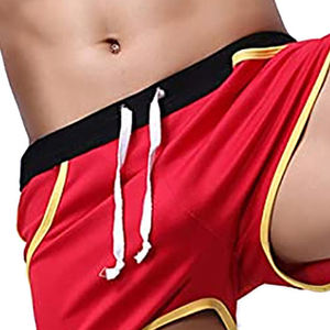 Shorts en maille rouge pour homme avec bordure jaune, taille à cordon de serrage, séchage rapide, shorts de sport décontractés - Product Image 5