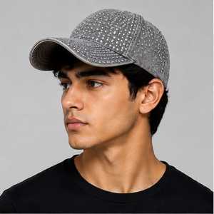 Casquette unisexe grise en toile de coton respirante et imperméable, à 6 panneaux, avec strass, réglable et à fermeture snapback, pour le sport et les loisirs - Product Image 6