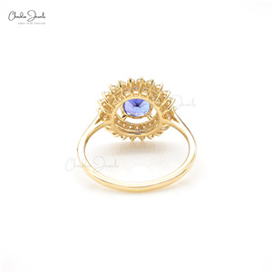 Anillo Halo con Tanzanita de Corte Redondo de 6mm y Diamantes Blancos, en Oro Amarillo Fino de 14k, Estilo Art Deco, Proveedores Verificados, Venta al Por Mayor en India - Product Image 2