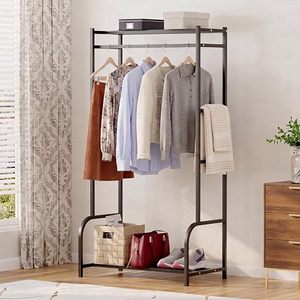 Minimalist Metal Clothing Rack With Double Tier Storage <b>Shelf</b> For Wardrobe Use <b>Standing</b> Type Multifunctional Design - Product Image 5