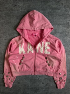 Sweat à capuche zippé court personnalisé pour femme, en molleton chenille effet éponge, avec strass, délavé vintage, effet vieilli et bords bruts - Product Image 1