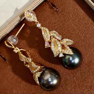 Boucles d'oreilles pendantes en perles noires de Tahiti naturelles, bijoux de luxe faits à la main, cadeau pour femmes, argent sterling 925 plaqué or 14 carats - Product Image 6