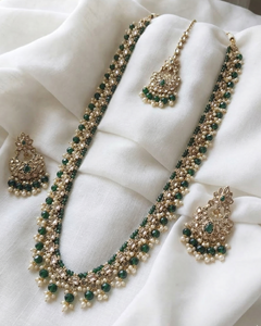 Crystal <b>Beaded</b> Long Necklace <b>Set</b> Kundan Work Traditional Indian Mala Antique Gold Plated Zircon Stones Gift Engagement Party - Product Image 1