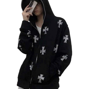 เสื้อฮู้ดซิปผู้หญิงผ้าฝ้ายปักคริสตัลรูปเพชรดำแบบ OEM สั่งทำได้ พร้อมซิปโลหะและลายปะติดกากเพชร ขายส่ง - Product Image 1