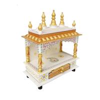 Mandir en bois doré pour Pooja hindoue, décoration d'intérieur, double porte, cloche en laiton, finition blanc et or peinte à la main, cadeau de Diwali, intégré
