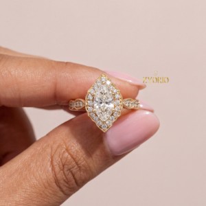 Marquise Cut Halo Ring 10K Gold Vintage Style Engagement Ring Milgrain Diamond Ring Elegant Gift for Her - Product Image 1