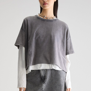 Camiseta Corta Oversize con Hombros Caídos y Lavado Ácido, Estampado Personalizado, Manga Corta, Holgada y Suelta para Mujer - Product Image 2