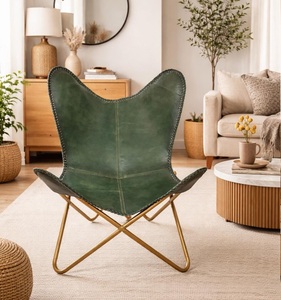 Fauteuil papillon en cuir vert olive de qualité supérieure, structure en métal doré, fait main, léger, moderne, pour salle à manger, mobilier de maison, fauteuil lounge - Product Image 1