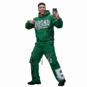 Custom Unisex Rhinestone Skeleton Flame Embroidery Patch Tracksuit Cargo Flare 100% Cotton Sweatpants Set Trendy Jogging Suit - Product Image 5