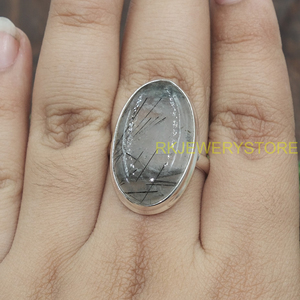 Natural Black Rutilated <b>Quartz</b> Oval Cabochon <b>Ring</b> 925 Sterling Silver Handmade Statement Jewelry Women Crystal Gemstone <b>Ring</b> - Product Image 4