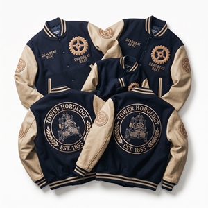 OEM Custom Varsity Letterman Jacket Wool Leather Sleeves Watchmakers Guild <b>Bench</b> Embroidery Balance Beat Patch Charcoal <b>Coat</b> - Product Image 5