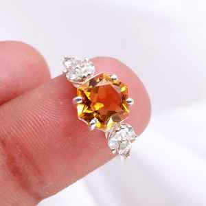 Bague hexagonale en quartz citrine naturel, argent sterling 925, haute qualité, certifiée IGI, design vintage, Art Déco, pierre précieuse faite à la main - Product Image 3