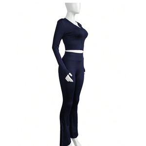 <b>Women's</b> Navy Blue Long Sleeve V-Neck Crop Top High Waist Skinny Leggings Set Tummy Control Shapewear <b>Sexy</b> Clubwear By Twin City - Product Image 5