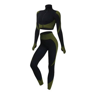 Two Piece Yoga Set High Waist Full Length Leggings Racerback Square Neck Crop <b>Top</b> Color Blocking Seamless Eco-Friendly Spandex - Product Image 3