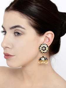 Pendientes Jhumka Tradicionales de Fusión Étnica con Cuentas de Cristal y Pedrería, Baño de Cobre Antiguo, Forma de Flor, Base de Aleación Resistente - Product Image 1
