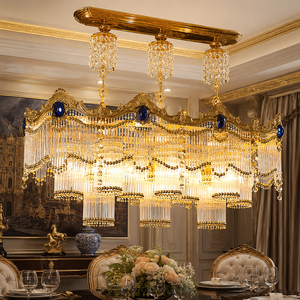 Lámpara de Araña de Cristal Dorado de Lujo con Detalles de Gemas Azules, Lámpara Colgante Rectangular para Decoración de Interiores de Villas y Hoteles - Product Image 3