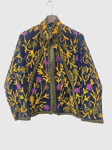 Veste en velours à col mandarin brodée à la main avec des motifs floraux, fermeture éclair, manches longues, style élégant pour femmes grandes tailles, hiver - Product Image 1