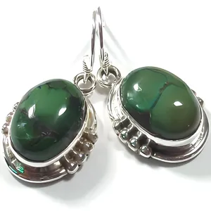 Pendientes colgantes ovalados de turquesa tibetana de plata de ley, joyería de moda hecha a mano - Product Image 1