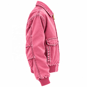 Blouson Bomber Rose en Coton Délavé Unisexe Décontracté Respirant Coupe-Vent Fermeture Éclair Coupe Droite Style Automne Couleur Unie Col Montant - Product Image 3