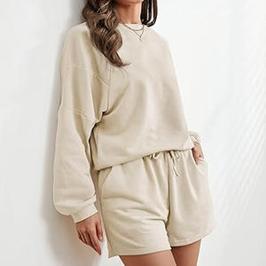 Conjunto de Sudadera Oversize de Algodón Crema con Manga Raglán, Cuello Redondo, Color Sólido, Casual, Unisex, para Otoño - Product Image 5