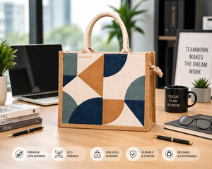 Geometric Printed Jute Tote <b>Bag</b> Eco Friendly Reusable Shopping <b>Bag</b> Zipper Closure Custom Logo Corporate <b>Gift</b> - Product Image 2