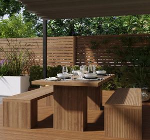 Ensemble de table à manger d'extérieur en teck massif moderne avec banc, finition naturelle, meubles de jardin pour villa, resort, café - Product Image 3