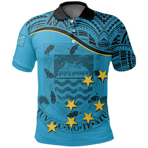 Polo pour homme bleu à motif floral polynésien, manches courtes, 100% polyester, coupe classique, design décontracté avec imprimé - Product Image 3