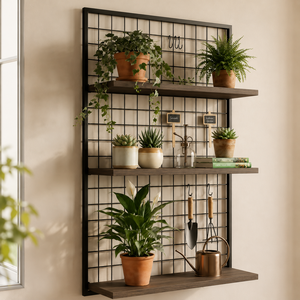 Wall Mounted <b>Metal</b> <b>Grid</b> Plant Shelf Wooden Rack Indoor Garden Organizer with Hooks for Home Decor Display - Product Image 2