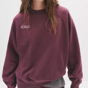 เสื้อสเวตเชิ้ตคอกลมสีเบอร์กันดีสำหรับผู้หญิง แขนยาว สีพื้น ผ้าถักเนื้อฝ้าย ระบายอากาศได้ดี เหมาะสำหรับใส่ในฤดูใบไม้ร่วง มีโลโก้ตัวอักษรด้านหน้า - Product Image 1