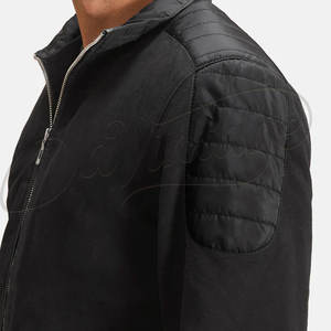 Blouson bomber en daim noir pour homme, avec empiècements matelassés en peau de mouton véritable aux épaules, coupe ajustée, fermeture éclair, style moto décontracté - Product Image 1