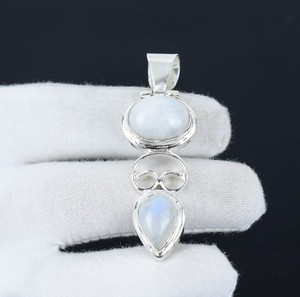 Collier en argent sterling 925 fait main avec double pierre de lune arc-en-ciel naturelle, chaînes de luxe unisexes en gros - Product Image 4