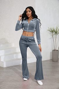 ชุดวอร์มผ้ากำมะหยี่แบบมีฮู้ด ครอปท็อป ลายขนนกวินเทจ ผ้าฝ้าย 100% ชุดเซ็ตสองชิ้นสำหรับผู้หญิง เสื้อซิป - Product Image 3