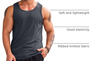 Camisetas sin mangas de punto transpirable de viscosa/poliéster acanaladas para hombre |   Camiseta Deportiva de Cuello Redondo para Gimnasio, Fitness y Ropa Urbana de Verano - Product Image 5