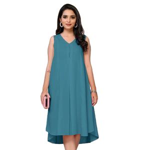 2025เดรสมิดิทรงเอไลน์ของผู้หญิงหรูหราออกแบบได้ตามต้องการแขนกุดต่ำคอวีสีพื้นสบายคอ - Product Image 1