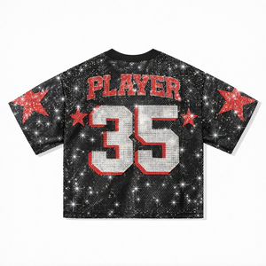 Camiseta de fútbol americano de lujo con malla de diamantes de imitación, logotipo personalizado, talla grande, OEM, producción de ropa urbana personalizable al por mayor - Product Image 5