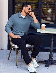 Men's Blue <b>Quarter</b> <b>Zip</b> Knitted <b>Sweater</b> Stand Collar Full Sleeve Solid Casual Quick Dry Polyester Shirt - Product Image 3