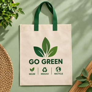กระเป๋าหิ้วแบบใช้ซ้ำได้ Go Green EcoRev ผลิตจากผ้าไม่ถักทอ ลายใบไม้ พร้อมหูหิ้วยาวถึงมือ เป็นมิตรกับสิ่งแวดล้อม รับสกรีนโลโก้ สำหรับธุรกิจขายของ - Product Image 1