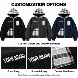 Sweat-shirt décontracté pour homme, noir, à fermeture éclair, avec poche et doublure en patchwork à carreaux - Product Image 3