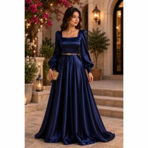 Elegant <b>Navy</b> Blue Satin Maxi Dress for Women Long Puff Sleeve Formal Evening Gown - Product Image 1