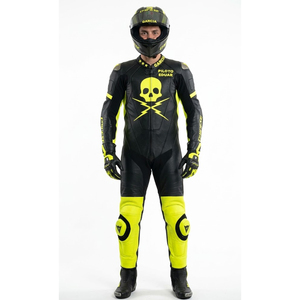 Combinaison de moto pour homme en cuir noir et jaune, imprimée, à séchage rapide, manches longues, imperméable, avec logo tête de mort sur le devant, équipe Garcia - Product Image 1